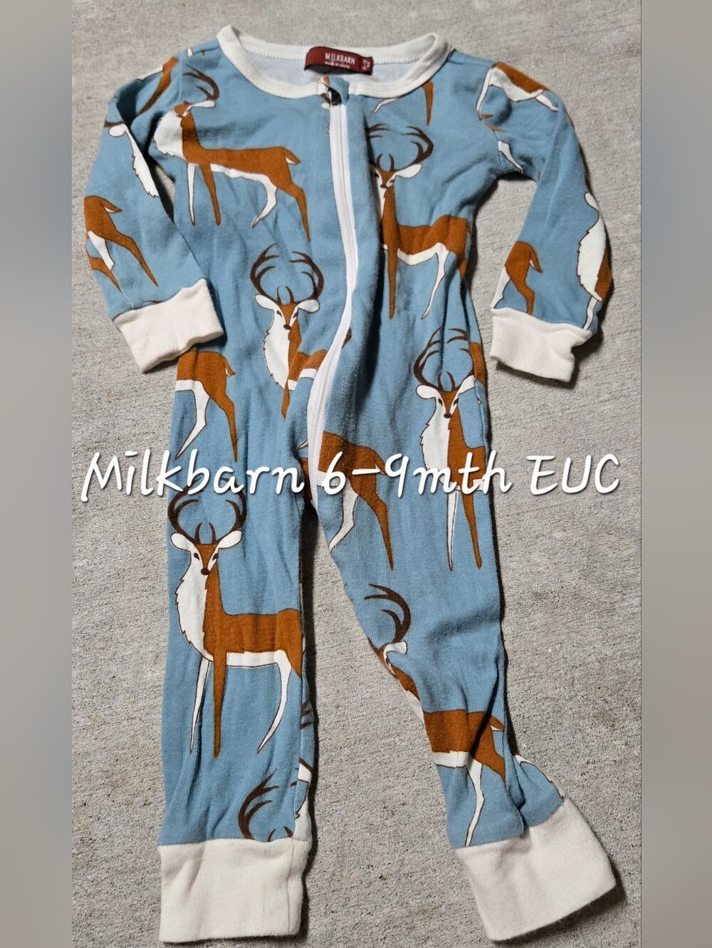 Milk Barn Blue Deer Print Zip Footless Pajama 6-9mth